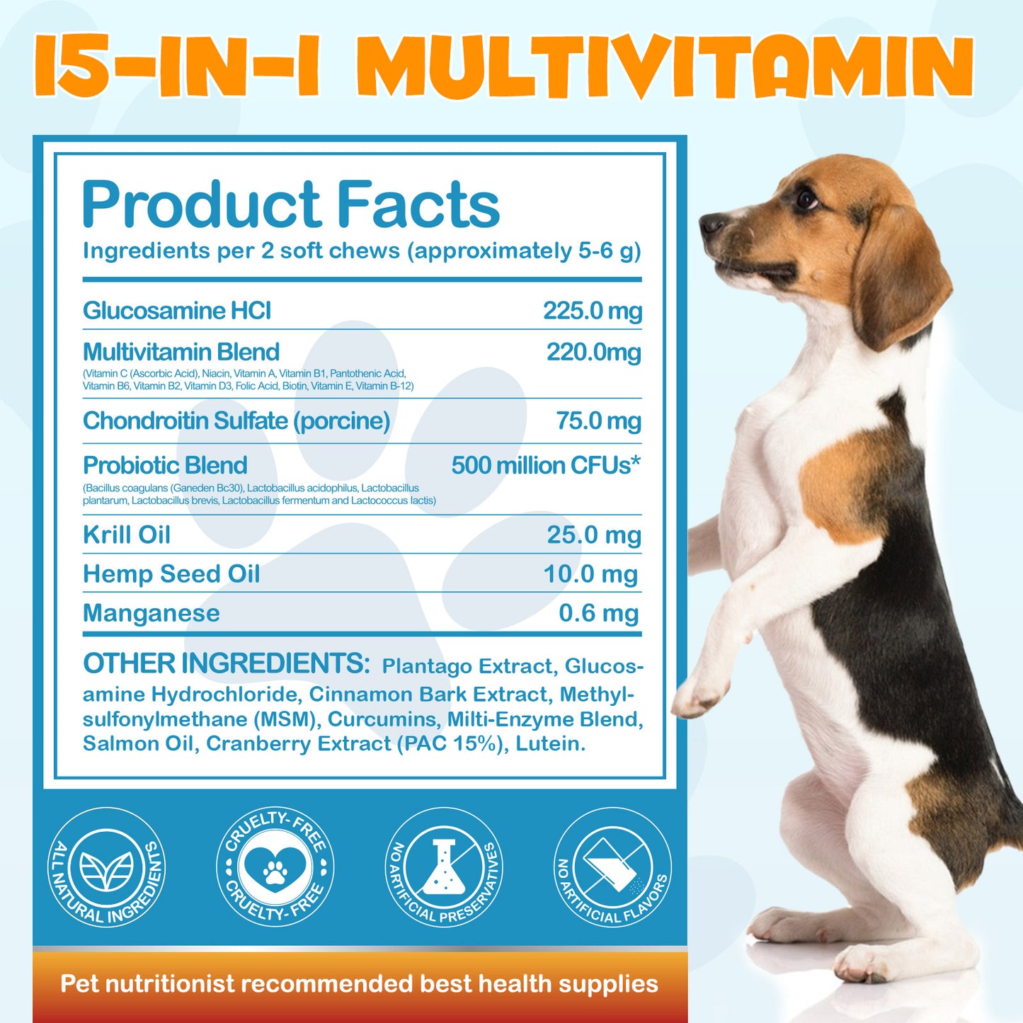 Worafy 15 in 1 Multivitamin + Hip & Joint + Skin & Coat Chews For Dogs