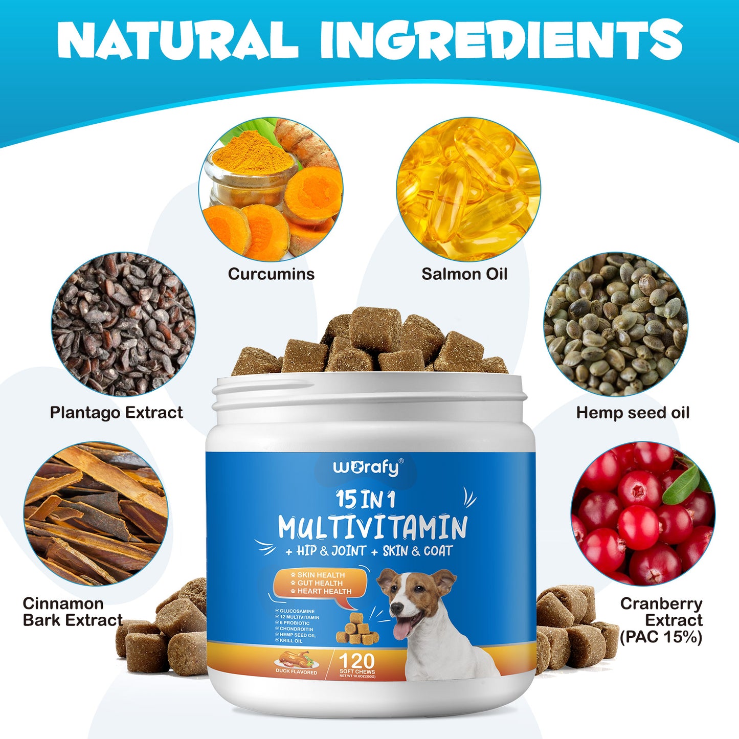 Worafy 15 in 1 Multivitamin + Hip & Joint + Skin & Coat Chews For Dogs
