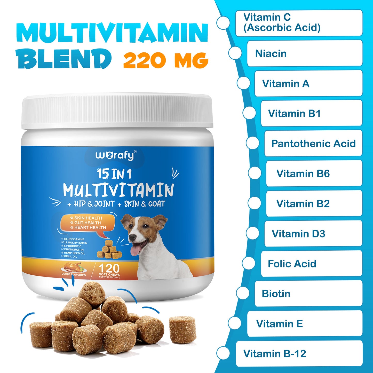 Worafy 15 in 1 Multivitamin + Hip & Joint + Skin & Coat Chews For Dogs
