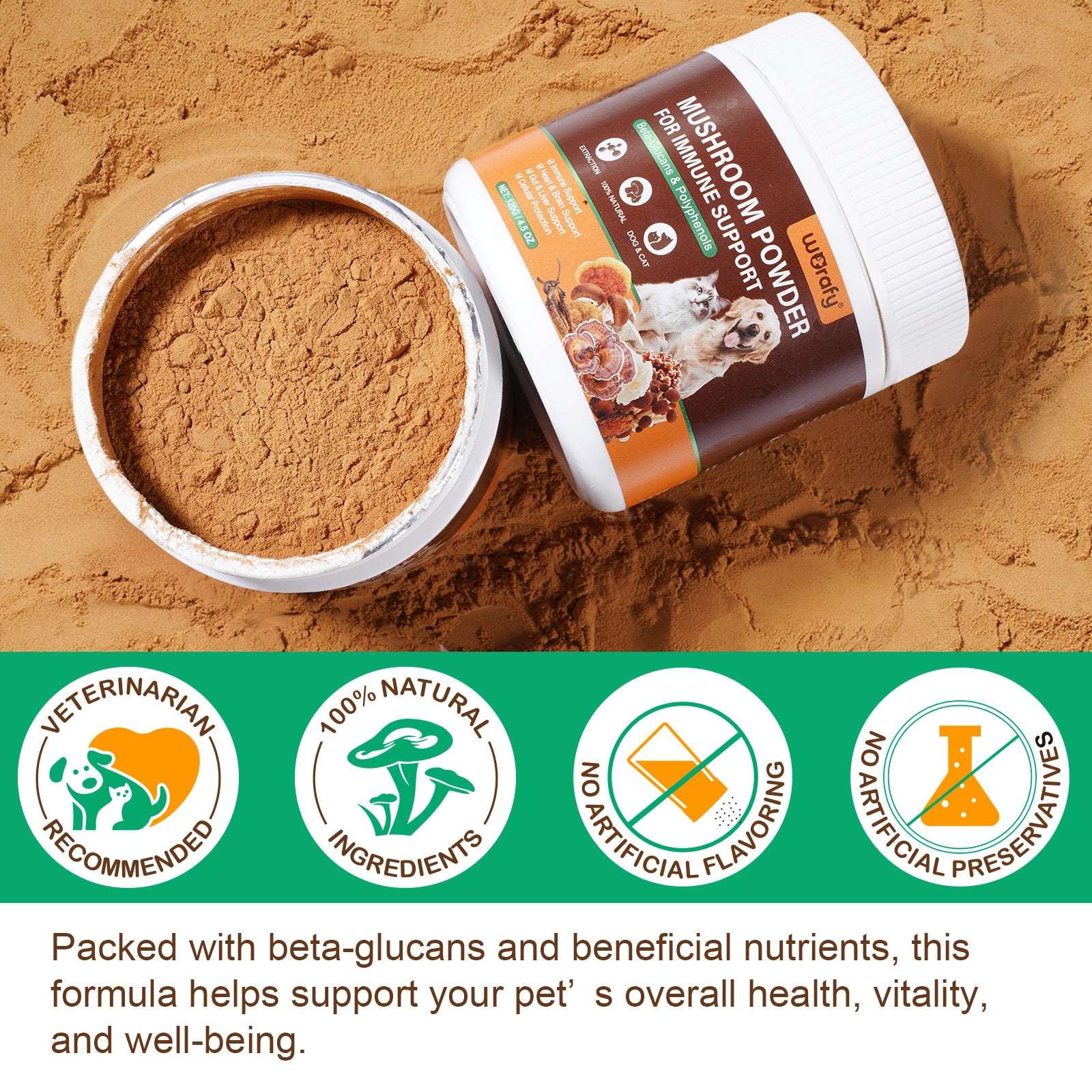 Worafy Mushroom Powder Dor Immune Support Beta-Glucans and Polyphenols 120g