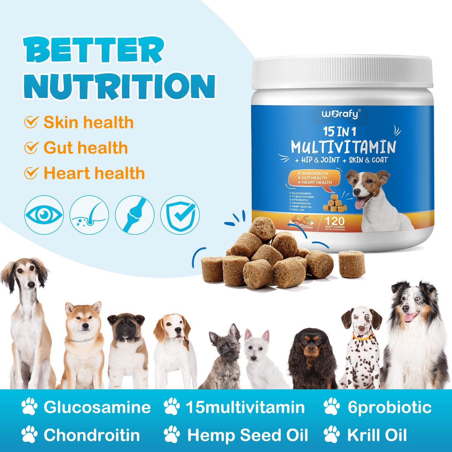 Worafy 15 in 1 Multivitamin + Hip & Joint + Skin & Coat Chews For Dogs