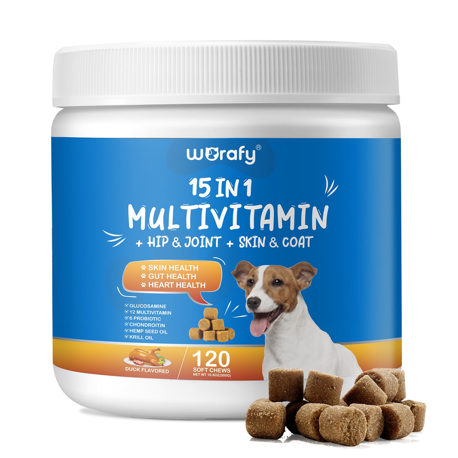 Worafy 15 in 1 Multivitamin + Hip & Joint + Skin & Coat Chews For Dogs