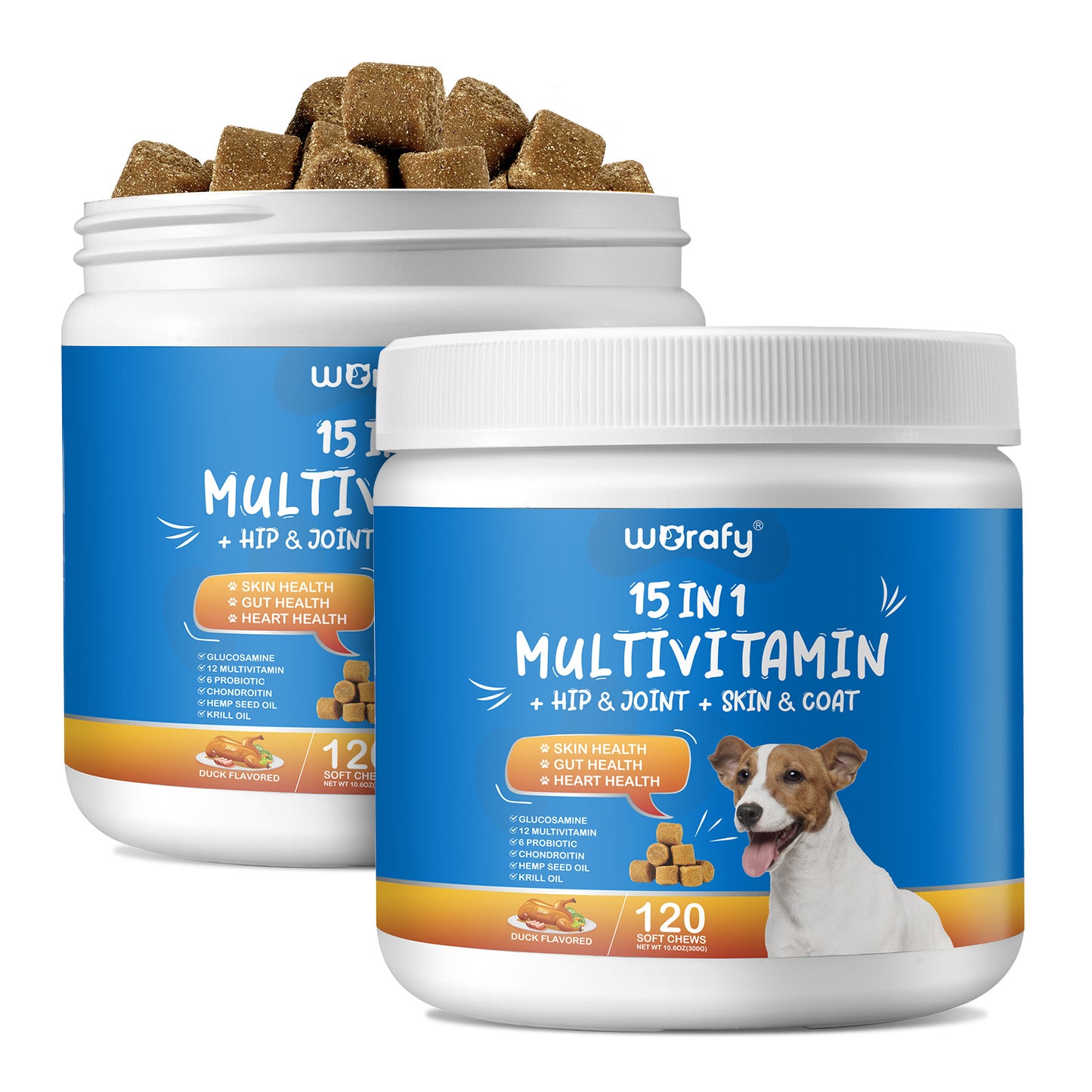 Worafy 15 in 1 Multivitamin + Hip & Joint + Skin & Coat Chews For Dogs