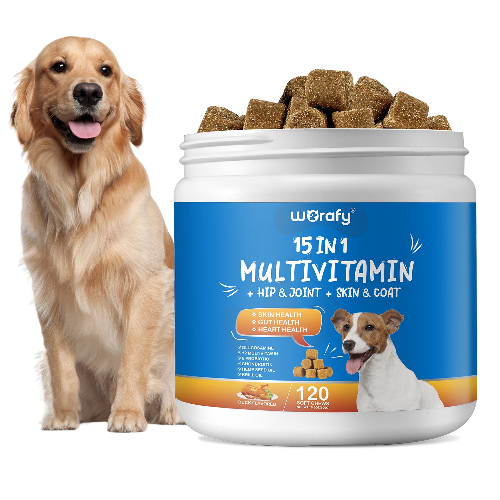 Worafy 15 in 1 Multivitamin + Hip & Joint + Skin & Coat Chews For Dogs