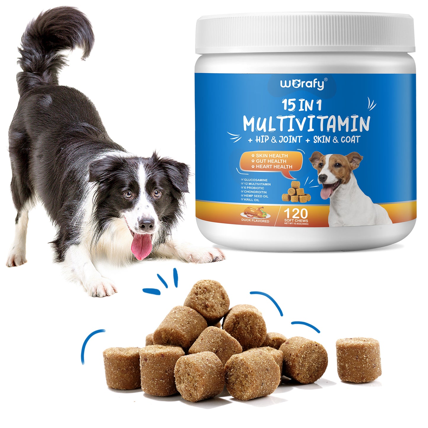 Worafy 15 in 1 Multivitamin + Hip & Joint + Skin & Coat Chews For Dogs