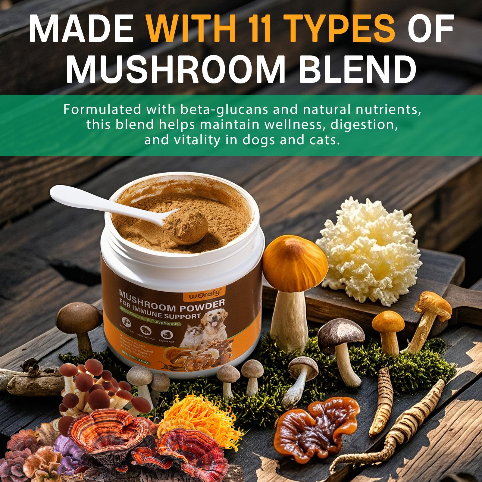 Worafy Mushroom Powder Dor Immune Support Beta-Glucans and Polyphenols 120g